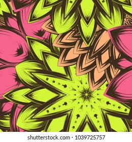 Seamless floral background. Tracery handmade nature ethnic fabric backdrop pattern with flowers. Textile design texture. Decorative color art. Vector
