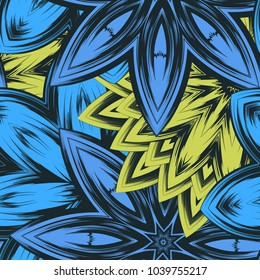 Seamless floral background. Tracery handmade nature ethnic fabric backdrop pattern with flowers. Textile design texture. Decorative color art. Vector