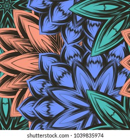 Seamless floral background. Tracery handmade nature ethnic fabric backdrop pattern with flowers. Textile design texture. Decorative color art. Vector