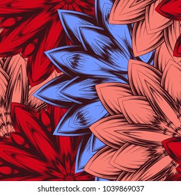 Seamless floral background. Tracery handmade nature ethnic fabric backdrop pattern with flowers. Textile design texture. Decorative color art. Vector