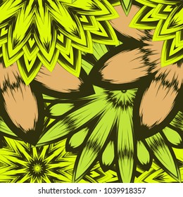 Seamless floral background. Tracery handmade nature ethnic fabric backdrop pattern with flowers. Textile design texture. Decorative color art. Vector
