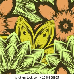 Seamless floral background. Tracery handmade nature ethnic fabric backdrop pattern with flowers. Textile design texture. Decorative color art. Vector