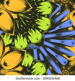 Seamless floral background. Tracery handmade nature ethnic fabric backdrop pattern with flowers. Textile design texture. Decorative color art. Vector