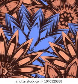 Seamless floral background. Tracery handmade nature ethnic fabric backdrop pattern with flowers. Textile design texture. Decorative color art. Vector