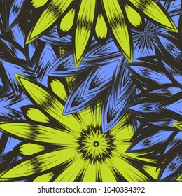 Seamless floral background. Tracery handmade nature ethnic fabric backdrop pattern with flowers. Textile design texture. Decorative color art. Vector