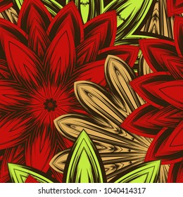 Seamless floral background. Tracery handmade nature ethnic fabric backdrop pattern with flowers. Textile design texture. Decorative color art. Vector