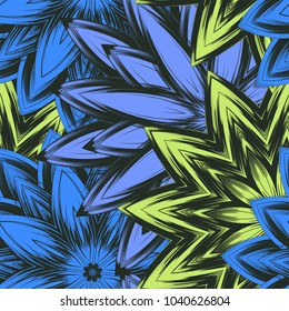 Seamless floral background. Tracery handmade nature ethnic fabric backdrop pattern with flowers. Textile design texture. Decorative color art. Vector