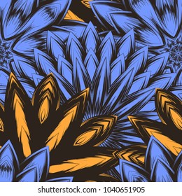 Seamless floral background. Tracery handmade nature ethnic fabric backdrop pattern with flowers. Textile design texture. Decorative color art. Vector