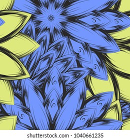 Seamless floral background. Tracery handmade nature ethnic fabric backdrop pattern with flowers. Textile design texture. Decorative color art. Vector