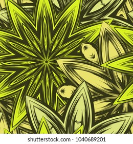 Seamless floral background. Tracery handmade nature ethnic fabric backdrop pattern with flowers. Textile design texture. Decorative color art. Vector