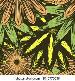 Seamless floral background. Tracery handmade nature ethnic fabric backdrop pattern with flowers. Textile design texture. Decorative color art. Vector