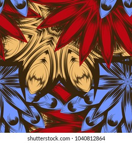Seamless floral background. Tracery handmade nature ethnic fabric backdrop pattern with flowers. Textile design texture. Decorative color art. Vector