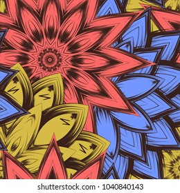 Seamless floral background. Tracery handmade nature ethnic fabric backdrop pattern with flowers. Textile design texture. Decorative color art. Vector