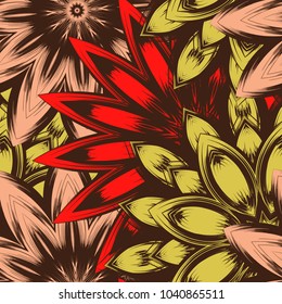 Seamless floral background. Tracery handmade nature ethnic fabric backdrop pattern with flowers. Textile design texture. Decorative color art. Vector
