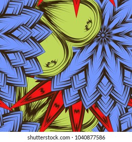 Seamless floral background. Tracery handmade nature ethnic fabric backdrop pattern with flowers. Textile design texture. Decorative color art. Vector