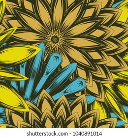 Seamless floral background. Tracery handmade nature ethnic fabric backdrop pattern with flowers. Textile design texture. Decorative color art. Vector