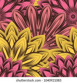 Seamless floral background. Tracery handmade nature ethnic fabric backdrop pattern with flowers. Textile design texture. Decorative color art. Vector