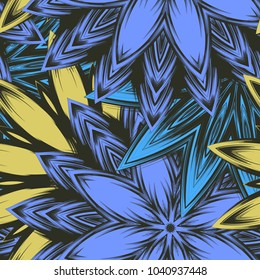 Seamless floral background. Tracery handmade nature ethnic fabric backdrop pattern with flowers. Textile design texture. Decorative color art. Vector