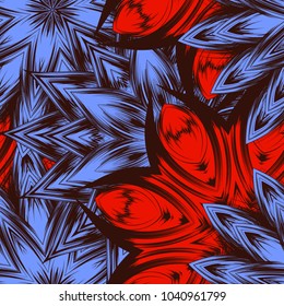 Seamless floral background. Tracery handmade nature ethnic fabric backdrop pattern with flowers. Textile design texture. Decorative color art. Vector