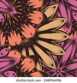 Seamless floral background. Tracery handmade nature ethnic fabric backdrop pattern with flowers. Textile design texture. Decorative color art. Vector