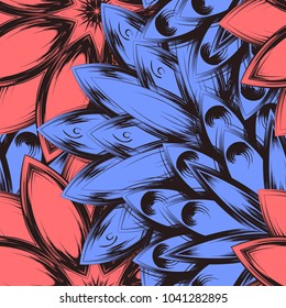 Seamless floral background. Tracery handmade nature ethnic fabric backdrop pattern with flowers. Textile design texture. Decorative color art. Vector