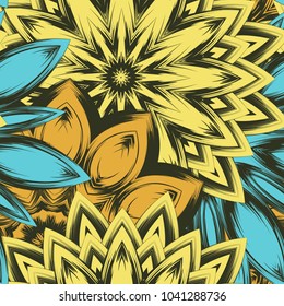 Seamless floral background. Tracery handmade nature ethnic fabric backdrop pattern with flowers. Textile design texture. Decorative color art. Vector