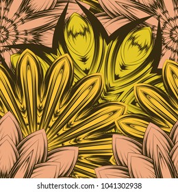 Seamless floral background. Tracery handmade nature ethnic fabric backdrop pattern with flowers. Textile design texture. Decorative color art. Vector