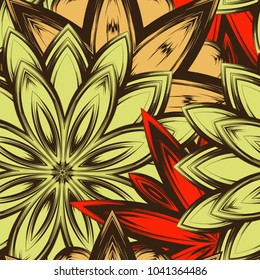 Seamless floral background. Tracery handmade nature ethnic fabric backdrop pattern with flowers. Textile design texture. Decorative color art. Vector