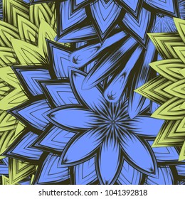 Seamless floral background. Tracery handmade nature ethnic fabric backdrop pattern with flowers. Textile design texture. Decorative color art. Vector
