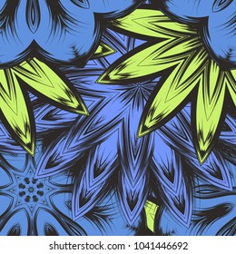 Seamless floral background. Tracery handmade nature ethnic fabric backdrop pattern with flowers. Textile design texture. Decorative color art. Vector