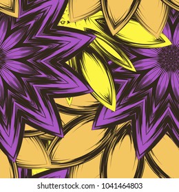 Seamless floral background. Tracery handmade nature ethnic fabric backdrop pattern with flowers. Textile design texture. Decorative color art. Vector