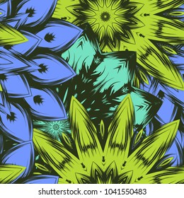 Seamless floral background. Tracery handmade nature ethnic fabric backdrop pattern with flowers. Textile design texture. Decorative color art. Vector