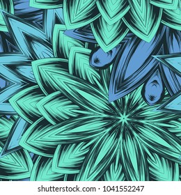 Seamless floral background. Tracery handmade nature ethnic fabric backdrop pattern with flowers. Textile design texture. Decorative color art. Vector