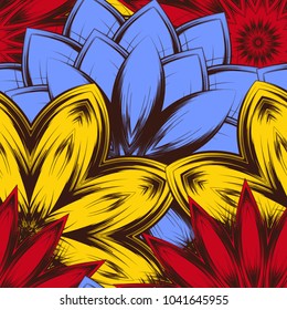 Seamless floral background. Tracery handmade nature ethnic fabric backdrop pattern with flowers. Textile design texture. Decorative color art. Vector