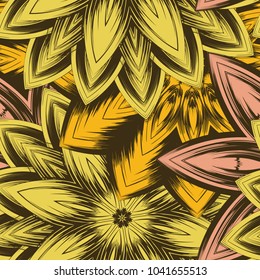 Seamless floral background. Tracery handmade nature ethnic fabric backdrop pattern with flowers. Textile design texture. Decorative color art. Vector