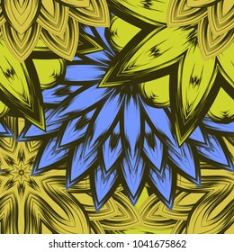 Seamless floral background. Tracery handmade nature ethnic fabric backdrop pattern with flowers. Textile design texture. Decorative color art. Vector
