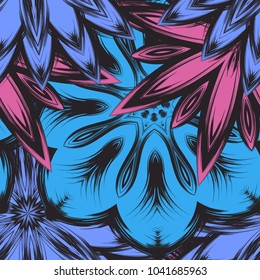 Seamless floral background. Tracery handmade nature ethnic fabric backdrop pattern with flowers. Textile design texture. Decorative color art. Vector