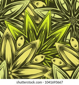 Seamless floral background. Tracery handmade nature ethnic fabric backdrop pattern with flowers. Textile design texture. Decorative color art. Vector