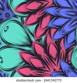 Seamless floral background. Tracery handmade nature ethnic fabric backdrop pattern with flowers. Textile design texture. Decorative color art. Vector