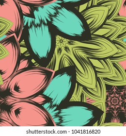Seamless floral background. Tracery handmade nature ethnic fabric backdrop pattern with flowers. Textile design texture. Decorative color art. Vector