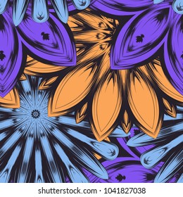 Seamless floral background. Tracery handmade nature ethnic fabric backdrop pattern with flowers. Textile design texture. Decorative color art. Vector