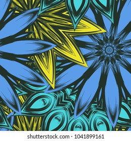 Seamless floral background. Tracery handmade nature ethnic fabric backdrop pattern with flowers. Textile design texture. Decorative color art. Vector