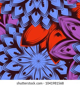 Seamless floral background. Tracery handmade nature ethnic fabric backdrop pattern with flowers. Textile design texture. Decorative color art. Vector