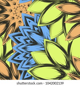 Seamless floral background. Tracery handmade nature ethnic fabric backdrop pattern with flowers. Textile design texture. Decorative color art. Vector