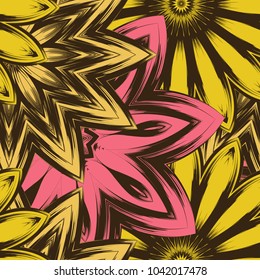 Seamless floral background. Tracery handmade nature ethnic fabric backdrop pattern with flowers. Textile design texture. Decorative color art. Vector