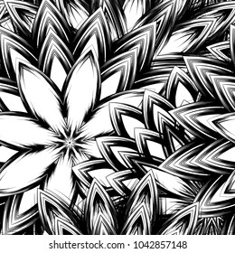Seamless floral background. Tracery handmade nature ethnic fabric backdrop pattern with saturated dark flowers. Textile design texture. Decorative binary monochrome black and white art. Vector
