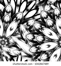 Seamless floral background. Tracery handmade nature ethnic fabric backdrop pattern with saturated dark flowers. Textile design texture. Decorative binary monochrome black and white art. Vector