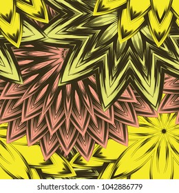 Seamless floral background. Tracery handmade nature ethnic fabric backdrop pattern with flowers. Textile design texture. Decorative color art. Vector