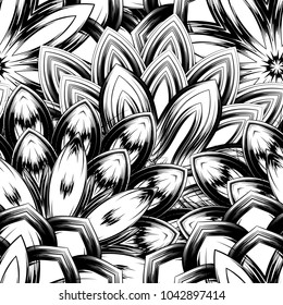 Seamless floral background. Tracery handmade nature ethnic fabric backdrop pattern with saturated dark flowers. Textile design texture. Decorative binary monochrome black and white art. Vector