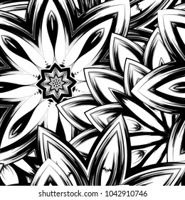 Seamless floral background. Tracery handmade nature ethnic fabric backdrop pattern with saturated dark flowers. Textile design texture. Decorative binary monochrome black and white art. Vector
